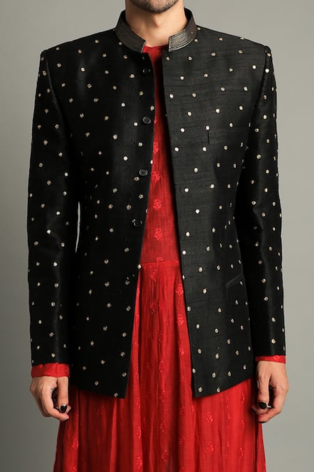 Shop_Pooja Rajpal Jaggi_Red Churidar Cotton Silk, Coat Raw Silk, Kurta Embroidered Anarkali Set _Online_at_Aza_Fashions