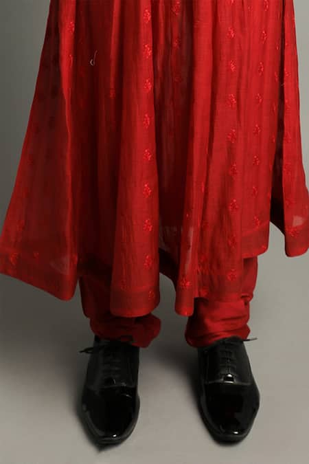 Pooja Rajpal Jaggi_Red Churidar Cotton Silk, Coat Raw Silk, Kurta Embroidered Anarkali Set _at_Aza_Fashions