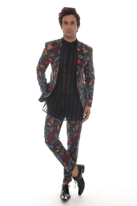 Pooja Rajpal Jaggi_Black Chanderi Floral Print, Sequin Embroidery Coat With Kurta Set _Online_at_Aza_Fashions