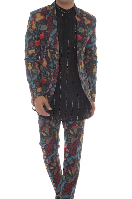 Pooja Rajpal Jaggi_Black Chanderi Floral Print, Sequin Embroidery Coat With Kurta Set _at_Aza_Fashions