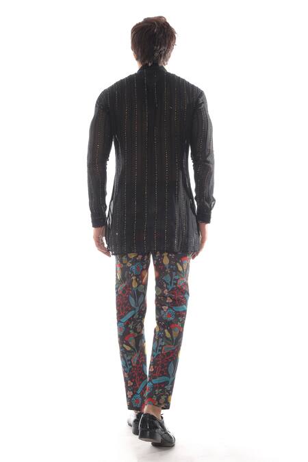 Shop_Pooja Rajpal Jaggi_Black Chanderi Floral Print, Sequin Embroidery Kurta And Pant Set _at_Aza_Fashions