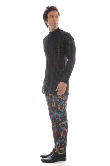 Pooja Rajpal Jaggi_Black Chanderi Floral Print, Sequin Embroidery Kurta And Pant Set _Online_at_Aza_Fashions