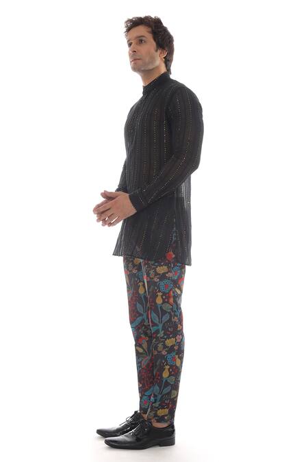 Buy_Pooja Rajpal Jaggi_Black Chanderi Floral Print, Sequin Embroidery Kurta And Pant Set _Online_at_Aza_Fashions