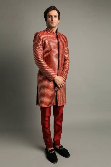 Pooja Rajpal Jaggi_Black Raw Silk Embroidery Gota Sherwani And Pant Set  _Online_at_Aza_Fashions