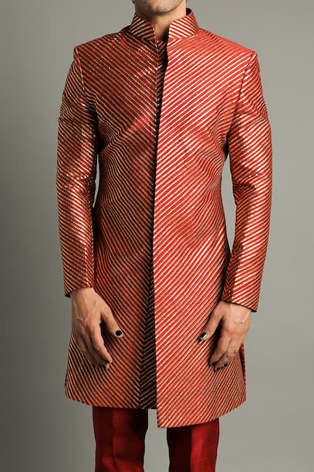 Buy_Pooja Rajpal Jaggi_Black Raw Silk Embroidery Gota Sherwani And Pant Set  _Online_at_Aza_Fashions