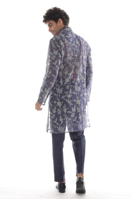Shop_Pooja Rajpal Jaggi_Blue Kurta Chanderi, Pant Cotton Silk Zari Embroidered And Set _at_Aza_Fashions