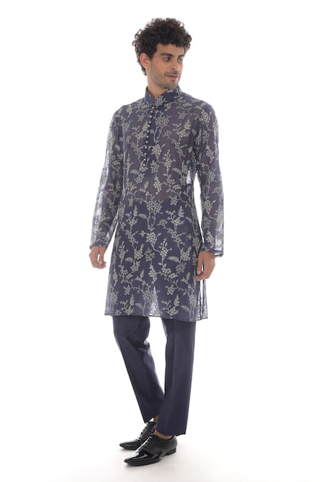 Pooja Rajpal Jaggi_Blue Kurta Chanderi, Pant Cotton Silk Zari Embroidered And Set _Online_at_Aza_Fashions