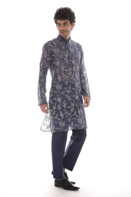 Buy_Pooja Rajpal Jaggi_Blue Kurta Chanderi, Pant Cotton Silk Zari Embroidered And Set _Online_at_Aza_Fashions