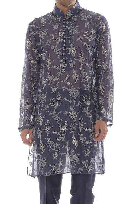 Shop_Pooja Rajpal Jaggi_Blue Kurta Chanderi, Pant Cotton Silk Zari Embroidered And Set _Online_at_Aza_Fashions