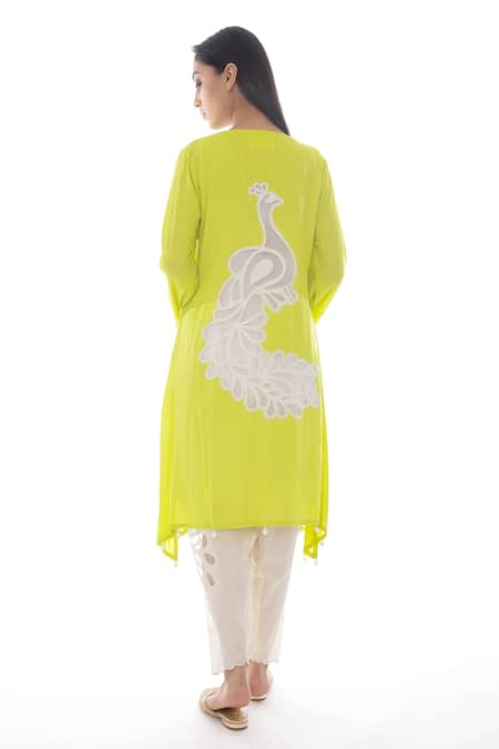Shop_Pooja Rajpal Jaggi_Green Dupatta Organza, Kurta Modal, Salwar And Slip Mul Applique Peacock Set _at_Aza_Fashions