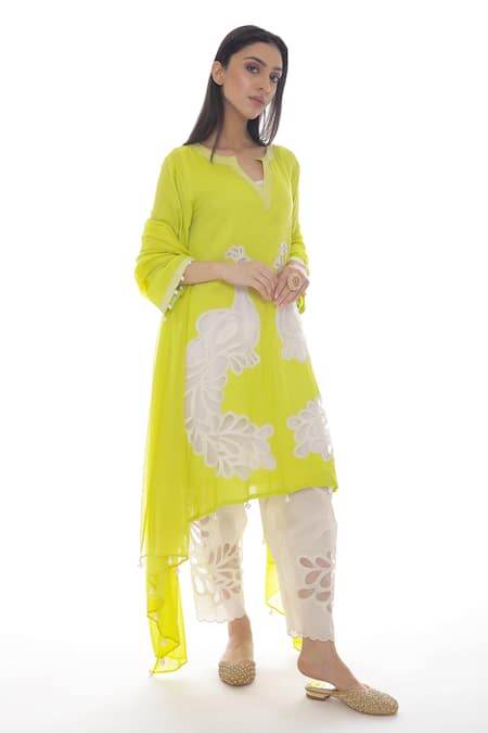 Buy_Pooja Rajpal Jaggi_Green Dupatta Organza, Kurta Modal, Salwar And Slip Mul Applique Peacock Set _Online_at_Aza_Fashions