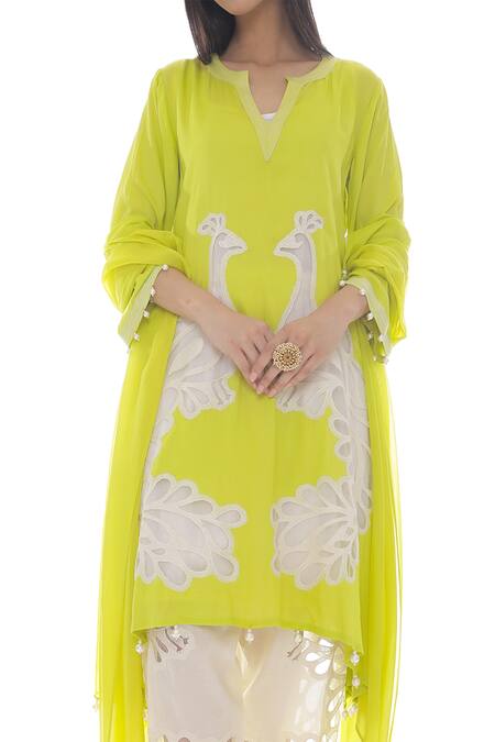 Shop_Pooja Rajpal Jaggi_Green Dupatta Organza, Kurta Modal, Salwar And Slip Mul Applique Peacock Set _Online_at_Aza_Fashions