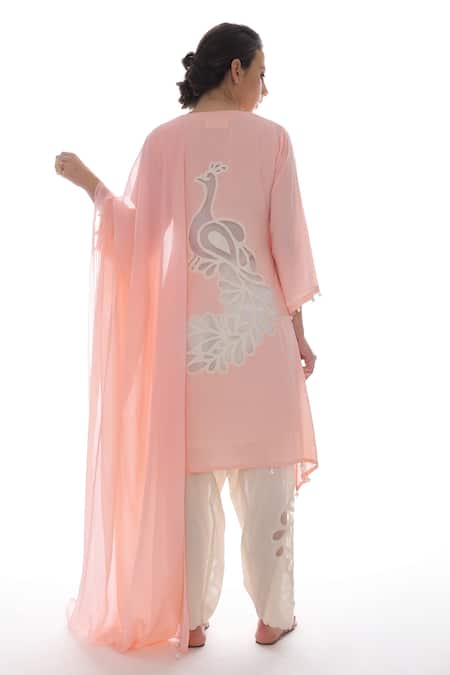 Shop_Pooja Rajpal Jaggi_Pink Kurta Modal Embroidery Applique Notched Peacock Set _at_Aza_Fashions