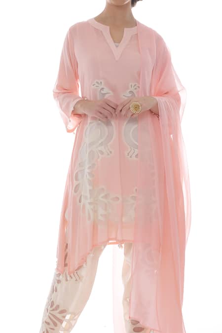 Shop_Pooja Rajpal Jaggi_Pink Kurta Modal Embroidery Applique Notched Peacock Set _Online_at_Aza_Fashions