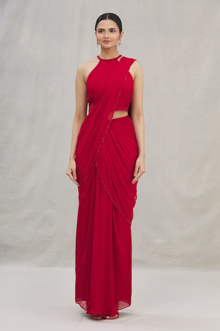 Arpan Vohra Red Georgette Round Pre-draped Saree With Blouse Online at Aza Fashions Arpan Vohra_Red Georgette Round Pre-draped Saree With Blouse_Online_at_Aza_Fashions