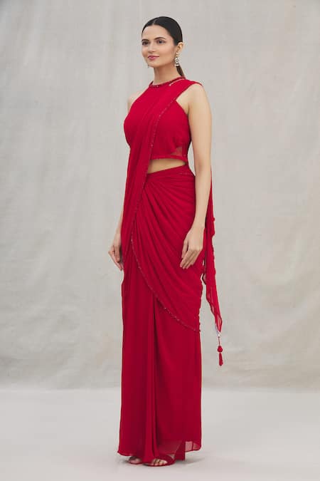 Buy Arpan Vohra Red Georgette Round Pre-draped Saree With Blouse Online at Aza Fashions Buy_Arpan Vohra_Red Georgette Round Pre-draped Saree With Blouse_Online_at_Aza_Fashions
