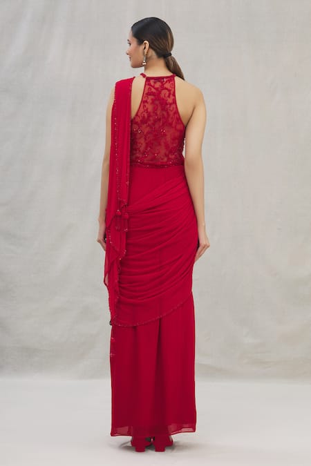 Shop Arpan Vohra Red Georgette Round Pre-draped Saree With Blouse at Aza Fashions Shop_Arpan Vohra_Red Georgette Round Pre-draped Saree With Blouse_at_Aza_Fashions