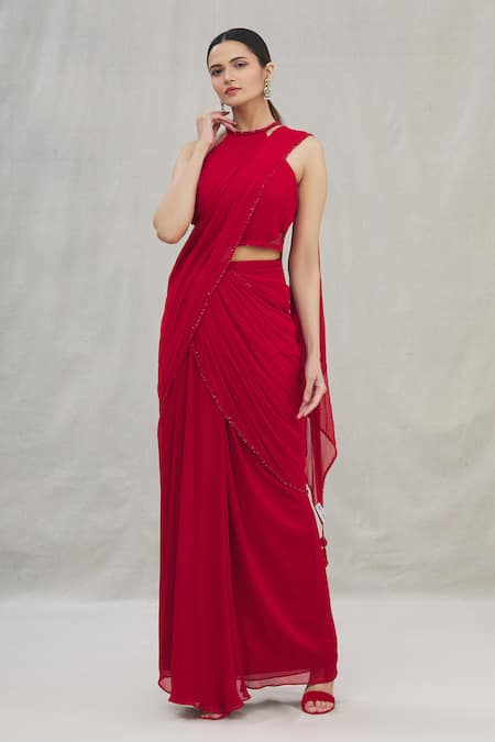 Arpan Vohra Red Georgette Round Pre-draped Saree With Blouse