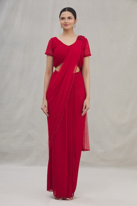 Buy_Arpan Vohra_Red Georgette V Neck Pre-draped Saree With Blouse_Online_at_Aza_Fashions