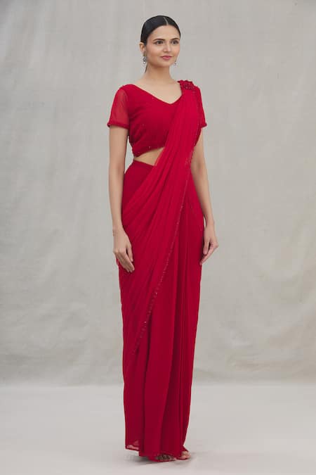 Arpan Vohra_Red Georgette V Neck Pre-draped Saree With Blouse_Online_at_Aza_Fashions