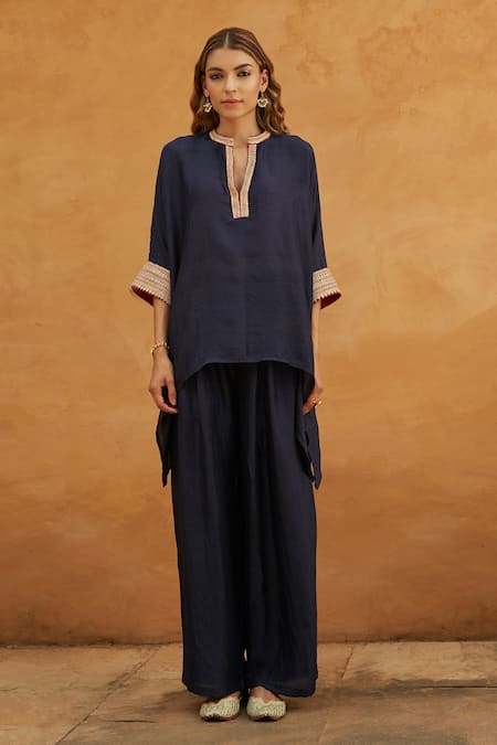 Avacara Blue Silk Marodi And Sequin Work V Collar Neck Embroidered Kaftan & Pant Set