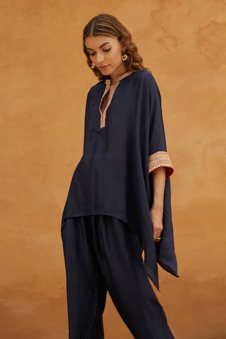 Shop Avacara Blue Silk Marodi And Sequin Work V Collar Neck Embroidered Kaftan & Pant Set at Aza Fashions Shop_Avacara_Blue Silk Marodi And Sequin Work V Collar Neck Embroidered Kaftan & Pant Set _at_Aza_Fashions