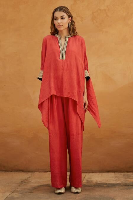 Shop Avacara Red Silk Marodi And Sequin Work V Collar Neck Embroidered Kaftan & Pant Set at Aza Fashions Shop_Avacara_Red Silk Marodi And Sequin Work V Collar Neck Embroidered Kaftan & Pant Set _at_Aza_Fashions