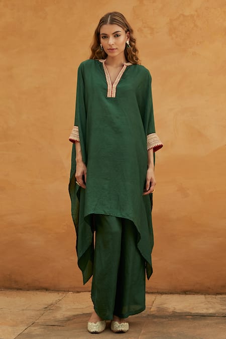 Shop Avacara Green Kaftan Silk, Pants Cotton Lycra Marodi And Sequin Work Embroidered & Set at Aza Fashions Shop_Avacara_Green Kaftan Silk, Pants Cotton Lycra Marodi And Sequin Work Embroidered & Set _at_Aza_Fashions