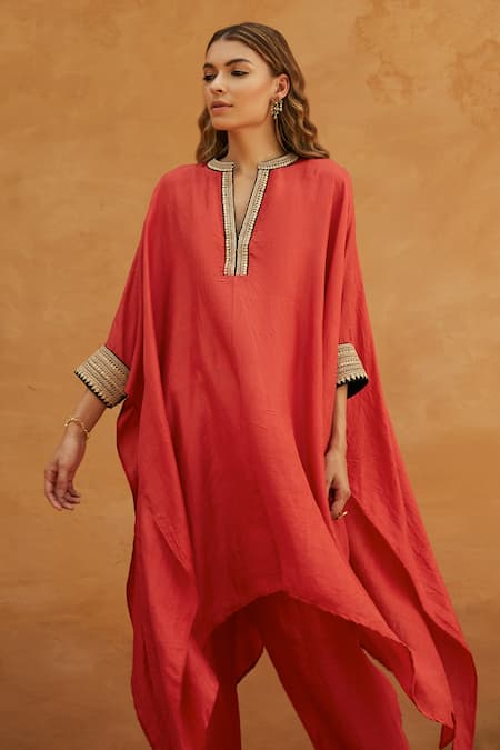 Avacara Red Silk Marodi And Sequin Work V Collar Neck Embroidered Kaftan & Pant Set