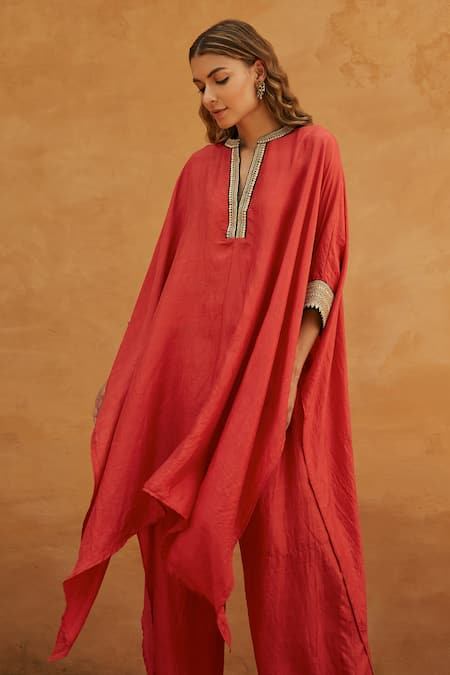 Shop Avacara Red Silk Marodi And Sequin Work V Collar Neck Embroidered Kaftan & Pant Set at Aza Fashions Shop_Avacara_Red Silk Marodi And Sequin Work V Collar Neck Embroidered Kaftan & Pant Set _at_Aza_Fashions