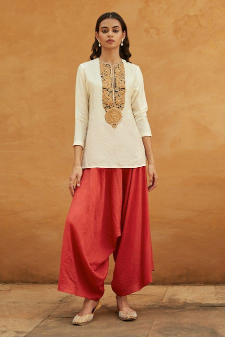 Avacara White Silk Hand Embroidered Dori Work Round V Kurta And Dhoti Pant Set