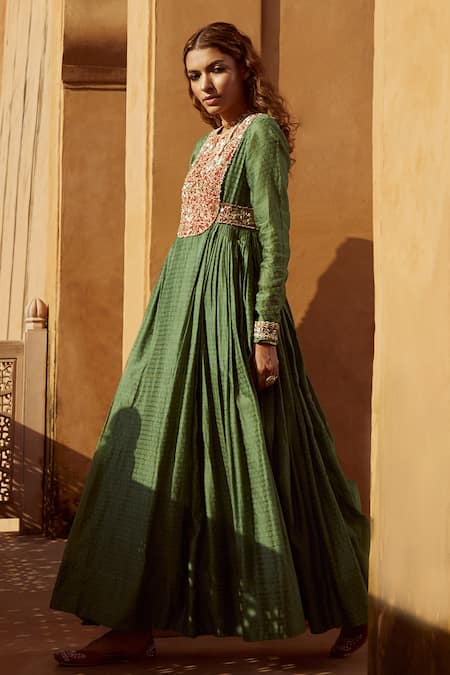 Avacara_Green Chanderi Handblock And Embroidered Bagru & Anarkali  _Online_at_Aza_Fashions