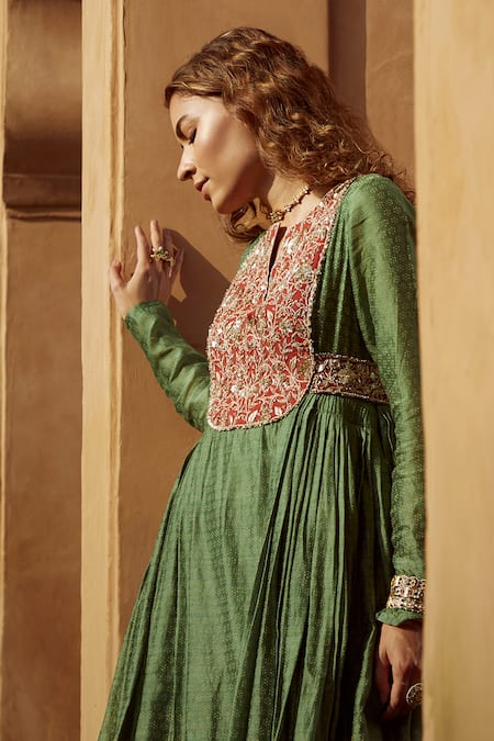 Buy_Avacara_Green Chanderi Handblock And Embroidered Bagru & Anarkali  _Online_at_Aza_Fashions