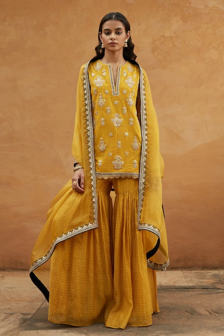 Shop Avacara Yellow Kuta Cotton Matka Silk Handblock Print And Kurta Sharara Set at Aza Fashions Shop_Avacara_Yellow Kuta Cotton Matka Silk Handblock Print And Kurta Sharara Set _at_Aza_Fashions