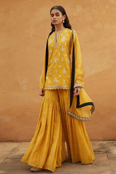Avacara Yellow Kuta Cotton Matka Silk Handblock Print And Kurta Sharara Set