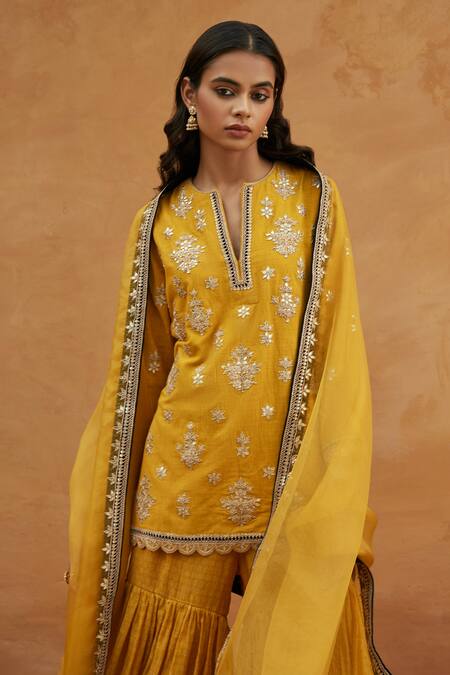 Avacara Yellow Kuta Cotton Matka Silk Handblock Print And Kurta Sharara Set Online at Aza Fashions Avacara_Yellow Kuta Cotton Matka Silk Handblock Print And Kurta Sharara Set _Online_at_Aza_Fashions