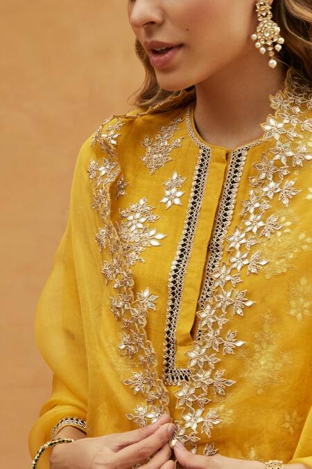 Avacara_Yellow Cotton Matka Silk Hand Embroidered Gota And Dori Kurta Pant Set  _Online_at_Aza_Fashions