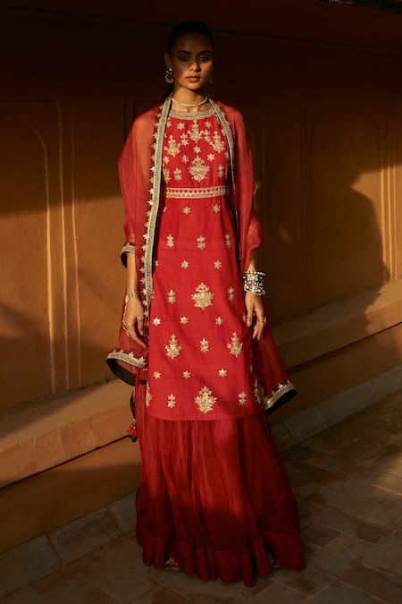 Shop Avacara Red Organza, Kurta Cotton Matka Silk Gota And Marodi Embroidered Sharara Set at Aza Fashions Shop_Avacara_Red Organza, Kurta Cotton Matka Silk Gota And Marodi Embroidered Sharara Set _at_Aza_Fashions
