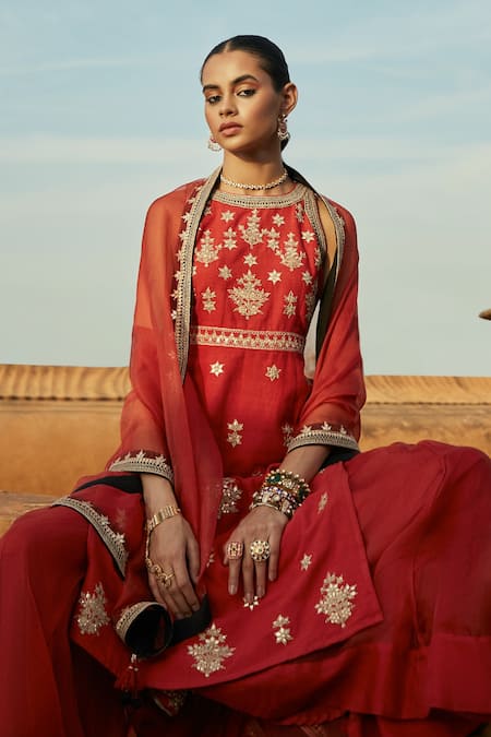 Avacara Red Organza, Kurta Cotton Matka Silk Gota And Marodi Embroidered Sharara Set Online at Aza Fashions Avacara_Red Organza, Kurta Cotton Matka Silk Gota And Marodi Embroidered Sharara Set _Online_at_Aza_Fashions