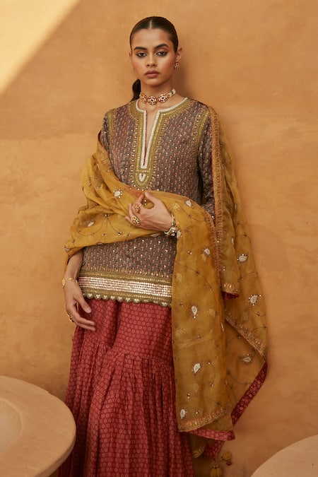 Shop Avacara Grey Silk Cotton And Embroidery Handblock Kurta Sharara Set at Aza Fashions Shop_Avacara_Grey Silk Cotton And Embroidery Handblock Kurta Sharara Set _at_Aza_Fashions