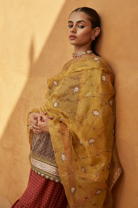 Avacara Grey Silk Cotton And Embroidery Handblock Kurta Sharara Set Online at Aza Fashions Avacara_Grey Silk Cotton And Embroidery Handblock Kurta Sharara Set _Online_at_Aza_Fashions