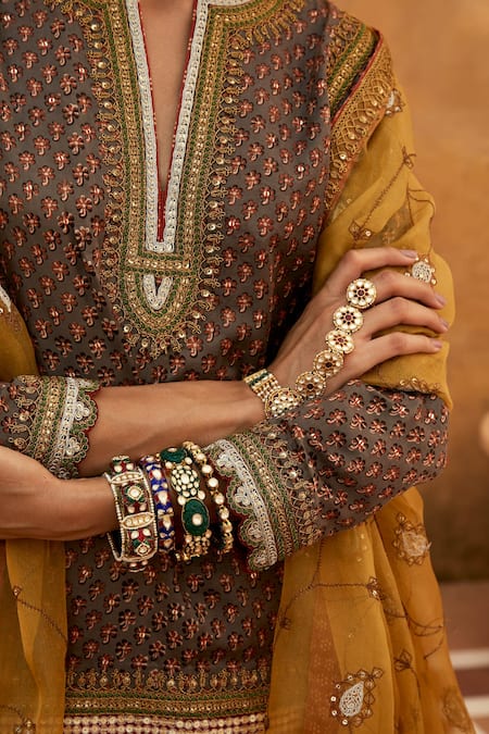 Shop Avacara Grey Silk Cotton And Embroidery Handblock Kurta Sharara Set Online at Aza Fashions Shop_Avacara_Grey Silk Cotton And Embroidery Handblock Kurta Sharara Set _Online_at_Aza_Fashions