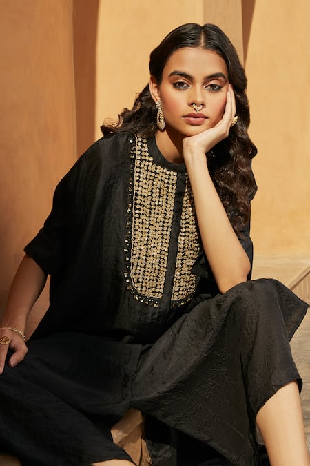 Avacara_Black Silk Marodi Work And Sequin Band Kaftan & Pant Set _Online_at_Aza_Fashions