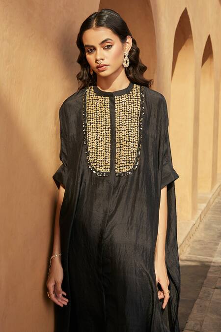 Buy_Avacara_Black Silk Marodi Work And Sequin Band Kaftan & Pant Set _Online_at_Aza_Fashions