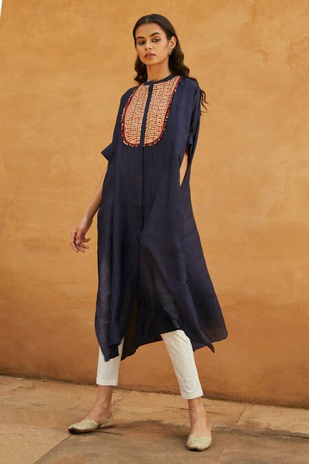 Shop_AVACARA_Blue Silk Embroidery Marodi Work And Sequin Band Kaftan & Pant Set  _at_Aza_Fashions