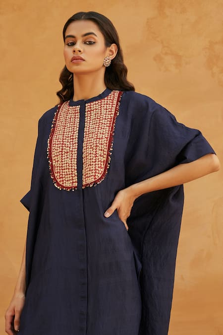 AVACARA_Blue Silk Embroidery Marodi Work And Sequin Band Kaftan & Pant Set  _Online_at_Aza_Fashions