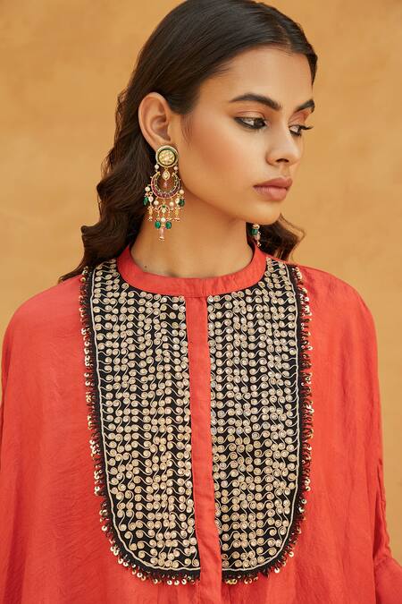 Avacara_Red Silk Embroidery Marodi Work And Sequin Band Kaftan & Pant Set  _Online_at_Aza_Fashions