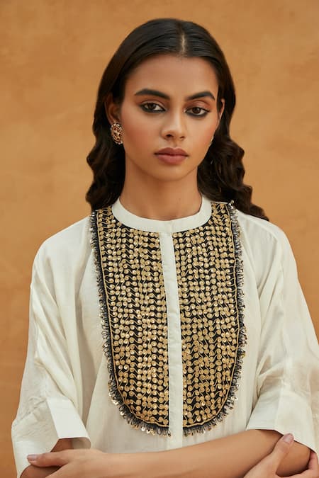 Shop Avacara White Silk Marodi Work And Sequin Band Kaftan & Pant Set at Aza Fashions Shop_Avacara_White Silk Marodi Work And Sequin Band Kaftan & Pant Set _at_Aza_Fashions