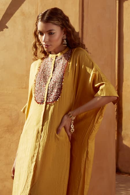 Avacara Yellow Silk Embroidery Marodi Work And Sequin Band Kaftan & Pant Set Online at Aza Fashions Avacara_Yellow Silk Embroidery Marodi Work And Sequin Band Kaftan & Pant Set _Online_at_Aza_Fashions