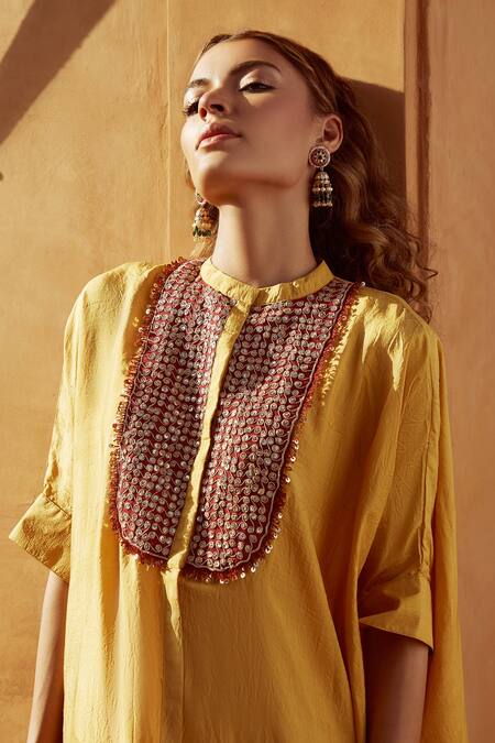 Buy Avacara Yellow Silk Embroidery Marodi Work And Sequin Band Kaftan & Pant Set Online at Aza Fashions Buy_Avacara_Yellow Silk Embroidery Marodi Work And Sequin Band Kaftan & Pant Set _Online_at_Aza_Fashions